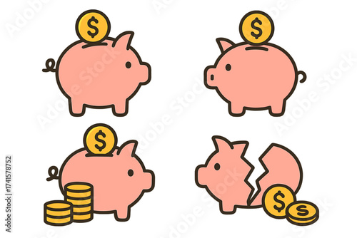 Piggy bank icon set with saving money, broken piggy symbol, financial concept, vector illustration, money coins, investment, savings, finance protection, transparent background