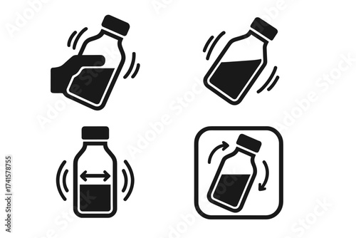 Shake well before use icons set. Vector illustration of medicine or liquid bottle shaking instructions. Clear symbols for pharmaceuticals and product labels. Transparent background, ordered signs.