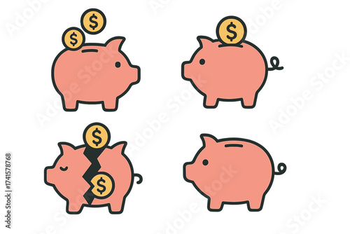 Piggy bank icon set with saving money, coins, broken piggy bank, financial concept, personal finance, money saving symbols, safe investment, economy, transparent background vector