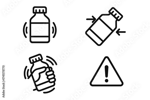 Shake well before use medicine bottle instruction icons set, vector illustration with transparent background, hand shaking bottle, warning sign, healthcare usage symbols