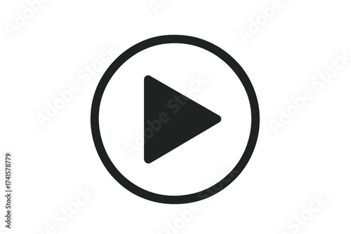 Vector play button icon, media player symbol, video control button, black triangle in circle, transparent background, digital multimedia interface, simple user interface element