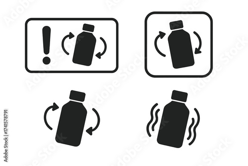 Shake well before use vector label instruction icons, bottle shaking sign set, medicine and liquid container preparation, user guideline symbols, transparent background