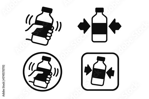 Shake well before using vector label sign, bottle shaking instruction sticker set, black and white vector illustration with transparent background, ordered safety instruction symbols