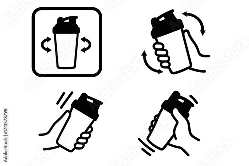 Shake well before use vector label icon set. Instructional shaker bottle with hand holding, shaking motion arrows. Black and white simple line art for product use directions, transparent background.