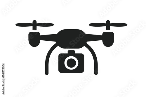 Quadcopter drone icon with camera silhouette, flying photo and video aerial photography technology vector illustration with transparent background, modern UAV design