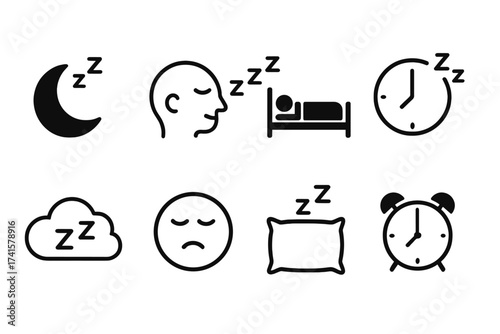 Sleep and rest icon set with moon, head, bed, clock, cloud, pillow, and alarm clock symbols. Vector sleeping collection with peaceful, tired, and sleeping theme for health and wellness concepts.