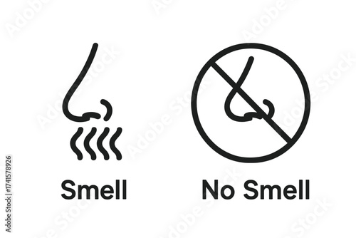 Smell and No Smell Icon Set, Nose Symbol Vector Illustration with Smell Waves and Prohibition Sign, Olfactory Sense Concept, Transparent Background, Simple Bold Design