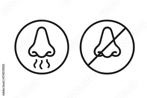 Smell and No Smell Signs with Nose Icon Vector Illustration, Smelling and No Smelling Symbols, Olfactory Sense Concept, Nose and Aroma, Odor Allowed and Prohibited Signs, Transparent Background