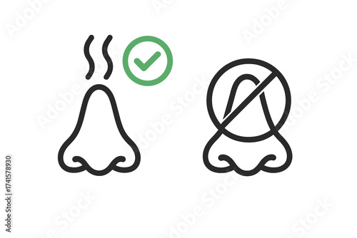 Smell and No Smell Icons with Nose Symbol Vector Illustration, Scent Allowed and Blocked Signs, Smelling Permission, Sensory Icons Set with Transparent Background