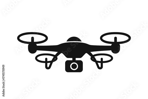 Quadcopter drone silhouette with camera icon, flying photo and video drone vector illustration with transparent background, modern quadcopter technology symbol for aerial photography and videography