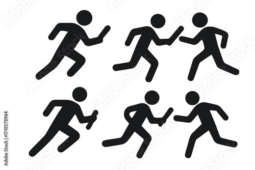 Relay race baton passing icon vector. Sport concept with running athlete silhouettes. Relay running baton handoff symbol. Track and field relay team illustration with transparent background.