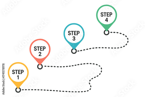 Colorful Roadmap Timeline Infographic with Four Steps Marked by Location Pins, Vector Illustration with Transparent Background, Process Flow Chart Template for Business and Strategy Planning