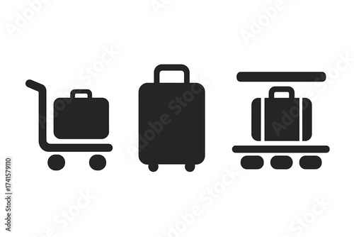 Travel icons set with luggage trolley, suitcase bag, and baggage claim symbol, vector illustration, airport luggage handling, travel and transportation graphics on transparent background