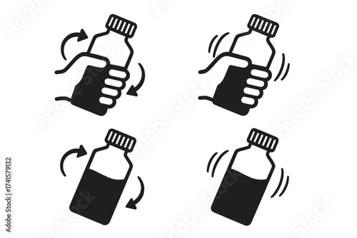 Shake well before use icons set, vector illustration with transparent background, medicine bottle held in hand, liquid mixing symbol, healthcare safety and instruction signs