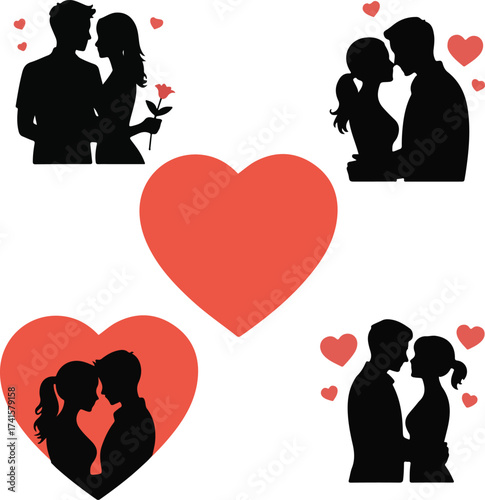Couple in Love Silhouette Vector with Heart Shapes — Valentine Romance Illustration