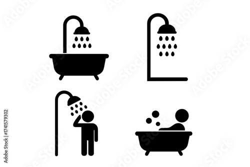 Shower and Bath Icon Set Vector, Bathtub Bathroom Symbols, Showering and Bathing Pictograms, Bathroom Essentials, Water Drops and Bath Tub Illustrations, Transparent Background