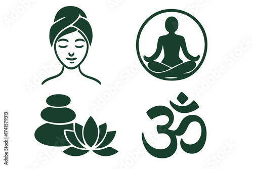 Spa and wellness concept vector set with yoga symbols, meditation pose, lotus flower, balanced stones, and Om sign for relaxation and well-being illustration