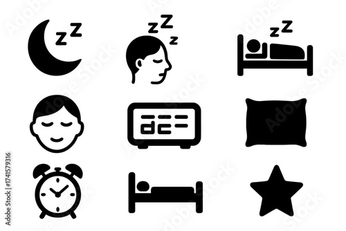 Sleep and rest icons collection vector. Sleeping person and head with zzz, crescent moon, bed with person sleeping, alarm clock, pillow symbol, and star shape set. Relaxation and bedtime illustrations