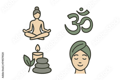 Spa and wellness concept vector illustration with yoga meditation pose, Om symbol, relaxing candle with stones and leaf, and serene face with towel for well-being and mindfulness
