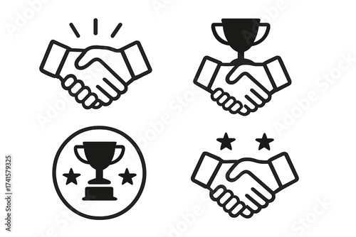 Win-win deal handshake icon vector illustration set with transparent background, business partnership agreement, cooperation concept, successful teamwork and trophy symbols