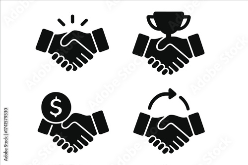 Win-win deal handshake icon set, partnership and business agreement vector illustration, handshake symbols with trophy, dollar sign, and recycling arrow, transparent background