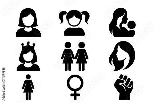 Woman Icon Set with Female, Girl, Mother, Queen, Feminism Symbols, Beauty Silhouettes, Dress and Female Power Hand. Solid Vector Collection for Women Rights and Gender Equality
