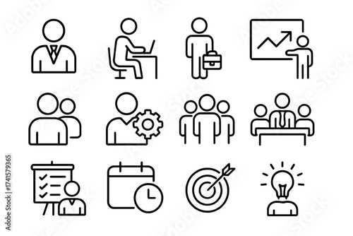 Work icon outline set with job, employee, project, teamwork, employment, meeting, appointment, calendar, target, idea concepts. Vector line icons collection for business and office use