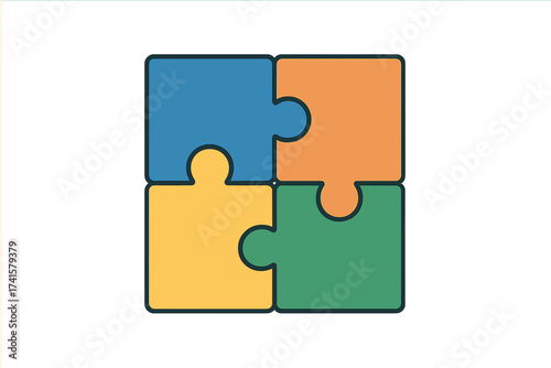 Square four pieces jigsaw puzzle teamwork concept flat color vector icon illustration with transparent background, ordered set of interlocking parts symbolizing collaboration and partnership