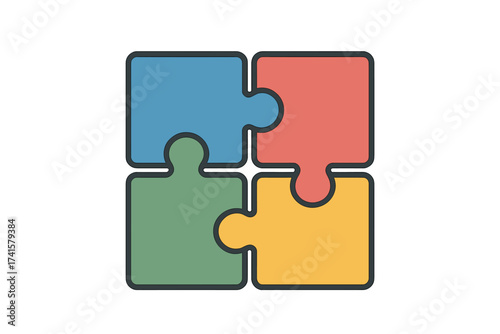 Four pieces jigsaw puzzle teamwork concept. Square colorful puzzle pieces connected vector icon. Collaboration, integration, unity, connection, flat design illustration.