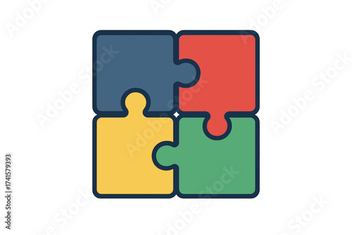 Colorful four-piece jigsaw puzzle flat icon, teamwork and collaboration concept vector illustration with transparent background, business connection, strategy and unity symbol