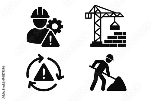 Work in process construction icon vector set. Safety and risk management symbols with worker, crane, bricks, warning signs, and labor silhouette. Transparent background.