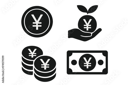 Yen currency icon set, financial investment and money growth symbols, yen coins and banknote illustrations, finance and economy concept, vector graphics with transparent background