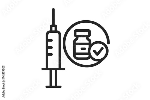 Syringe and vaccine vial vector icon with check mark symbol, injection medical illustration outline, vaccination concept, immunization, healthcare and medicine symbol on transparent background