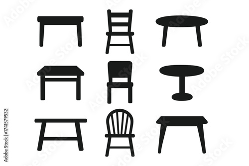 Set of black table and chair icons, furniture symbols, vector illustration on transparent background, ordered collection of various chair and table shapes for interior design and decor