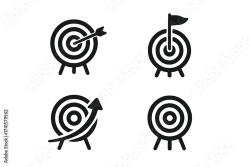 Target and Goal Icon Collection with Black Vector Symbols Showing Achievement, Progress, Success, and Aim Concept with Transparent Background, Minimalist Design, Business Objective Graphics