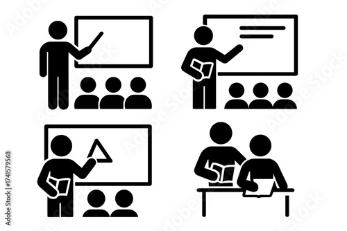 Teacher icon set collection. Training and learning symbols. Classroom education concepts with teacher, students, board, lessons, tutoring, instruction, study, knowledge. Vector illustration.