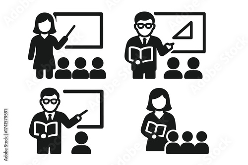 Teacher icon collection, training and learning symbols, classroom education concept, vector illustration with transparent background, teaching and learning icons set, education and school symbols