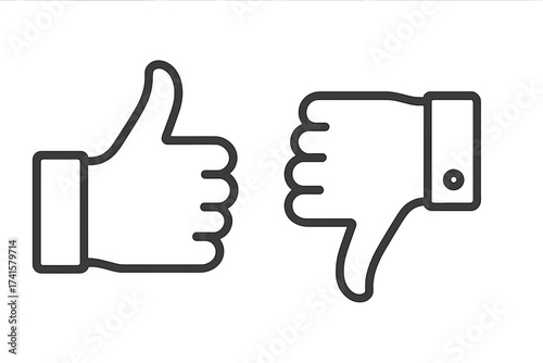 Thumbs up and thumbs down outline icons, approval and disapproval hand signs, vector illustration with transparent background, positive and negative feedback symbols, set of gesture icons