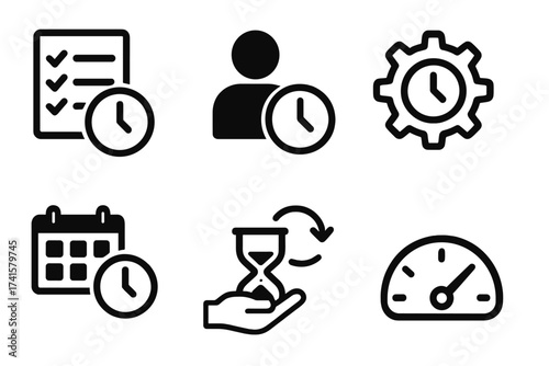 Time management icon set, productivity and work efficiency symbols, task planning clock vector illustration, calendar, hourglass, speed gauge, and user time control icons