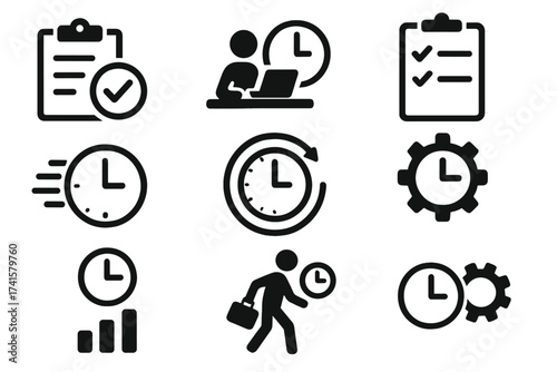 Time management icon set with task checklist, productivity, time tracking, work efficiency, business schedule, deadline and workflow vector illustration