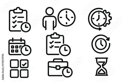 Time management icon set with task checklist, productivity, work efficiency, calendar, time tracking, scheduling, briefcase, hourglass, and clock gear vector illustration