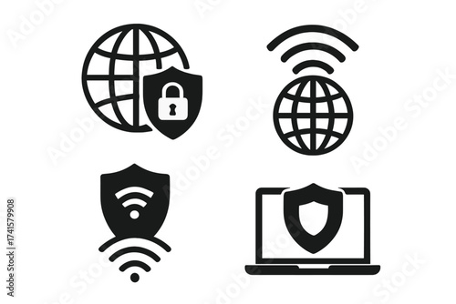 VPN icon set with virtual private network symbols, vector illustration featuring globe, shield with lock and WiFi signals, secure internet connection concepts, technology and cybersecurity graphics