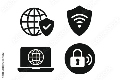 VPN icon set with virtual private network symbols, security shield, wifi protection, internet globe, padlock and secure connection vector illustration on transparent background