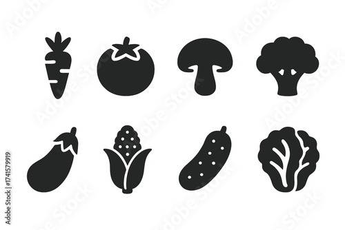 Vegetables Icon Set Vector Collection. Carrot, Tomato, Mushroom, Broccoli, Eggplant, Corn, Cucumber, Lettuce Solid Black Icons for Healthy Food, Gardening, Cooking, Nutrition Design