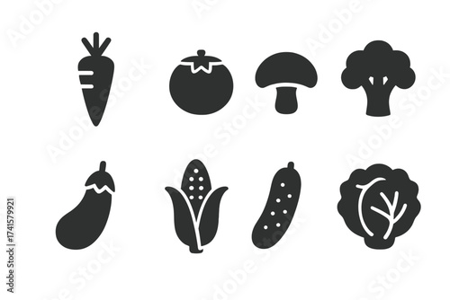 Vegetable icons set with carrot, tomato, mushroom, broccoli, eggplant, corn, cucumber, lettuce. Solid vector illustration, fresh healthy food symbols, farm produce collection.