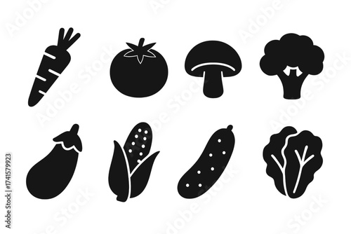 Solid vegetable icons collection including carrot, tomato, mushroom, broccoli, eggplant, corn, cucumber, and lettuce. Vector illustration of fresh vegetable silhouette set for healthy food concepts.