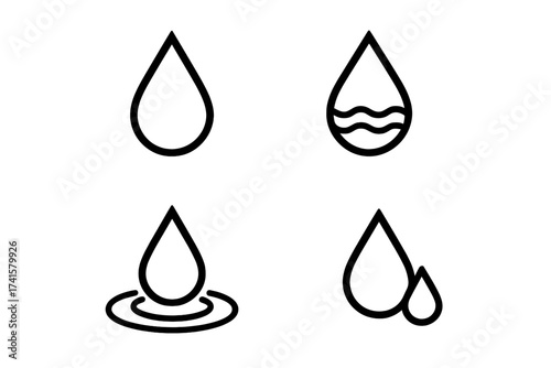 Water-based product icon vector set with liquid drop symbols, minimalistic design, vector illustration, transparent background, ordered drop shapes, clean water symbols, liquid concept