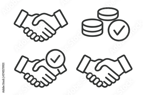 Win-win deal handshake icon set, business agreement, partnership and successful collaboration concept, vector illustration with transparent background, contract and approval symbols