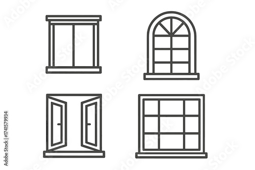 Window icon set collection for interior design vector illustration with transparent background, modern and classic window styles, architectural design elements.
