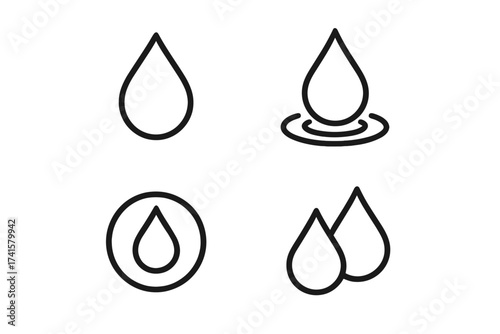 Water drop icon set vector illustration, clean minimal liquid symbol design, water-based product concept, transparent background, ordered water droplet graphics collection